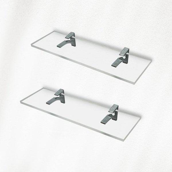 Fab Glass and Mirror 6 in. W x 0.75 in. H x 14.5 in. D Floating Wall Mount Clear Acrylic Rectangular Shelf in Chrome Brackets (Pack of 2)