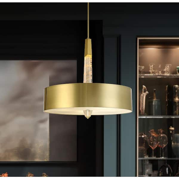 Drifting Droplets 6-Watt 5-Light Vintage Brass Drum LED Pendant Light With Faux Rock Crystal Shade