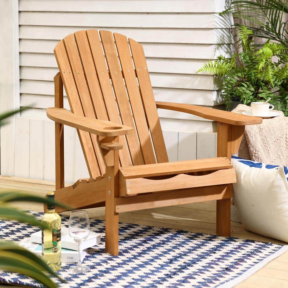 Natural Wood Adirondack Chair with Cup Holder