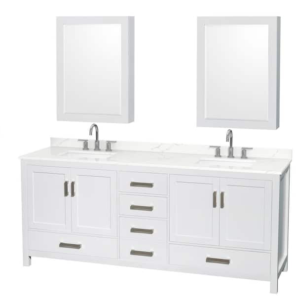Wyndham Collection Sheffield 80 in. W x 22 in. D x 35 in. H Double Bath Vanity in White with Giotto Quartz Top and Mirror