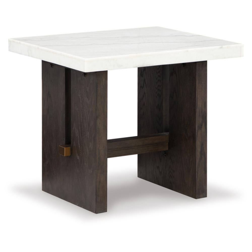 Burkhaus 26 in. White / Dark Brown Rectangle Marble End Table with Trestle Base - thumbnail 3