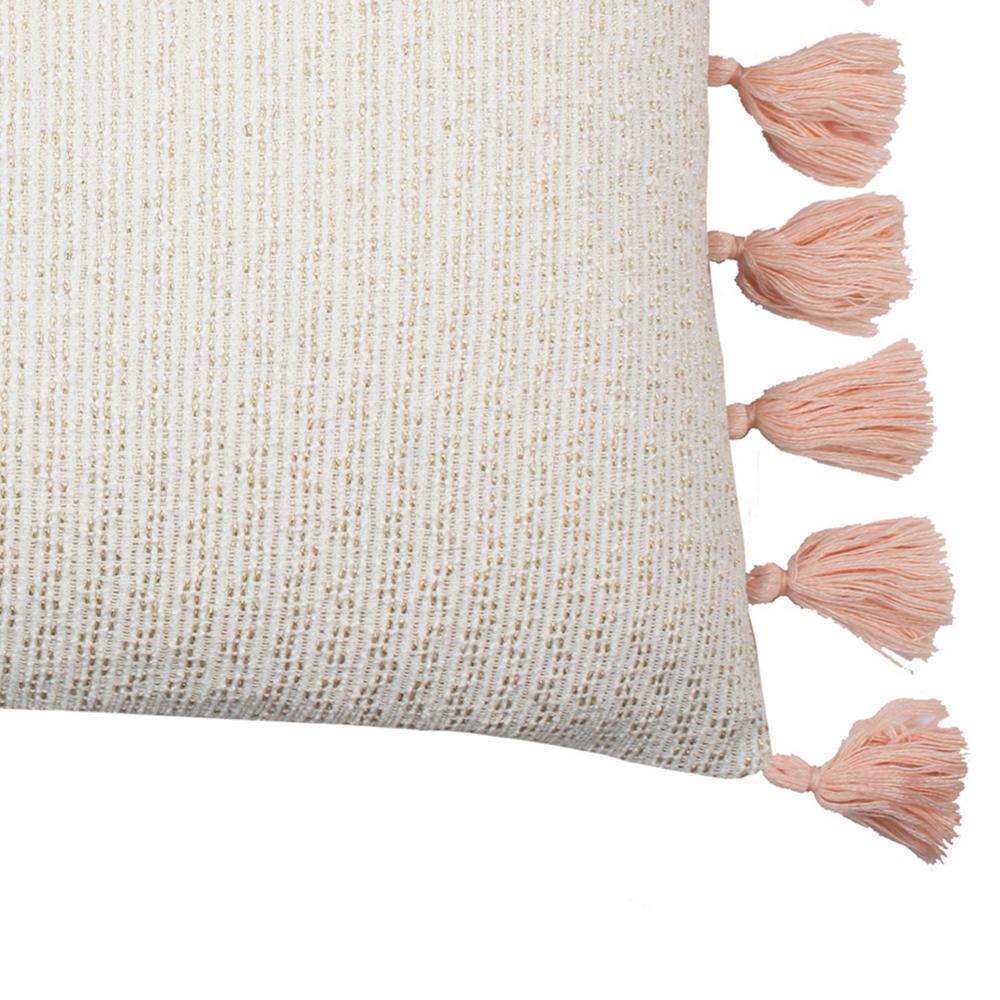 Fiori 16x20 Cream and Tan Textured Decorative Pillow with Coral Pink Tassels