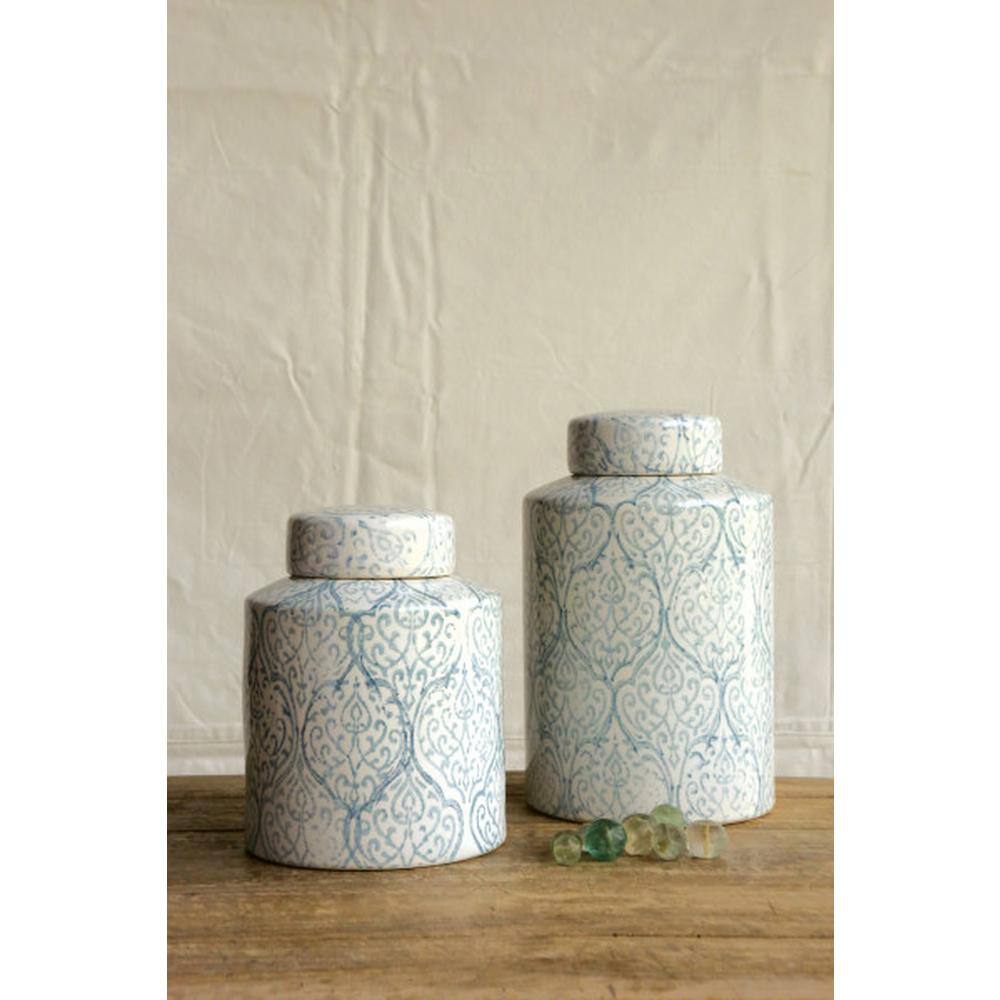 Blue and White Ceramic Geometric Ginger Jar Set
