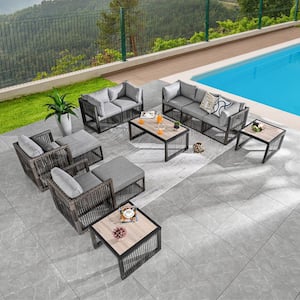 12-Piece Wicker Patio Conversation Deep Seating Set with Gray Cushions