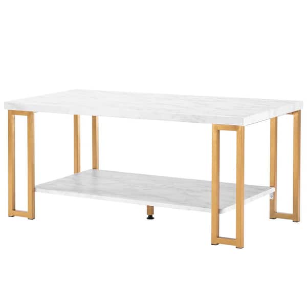 Outopee 39.4 in. Wide White Rectangle MDF Coffee Table with Double-layer