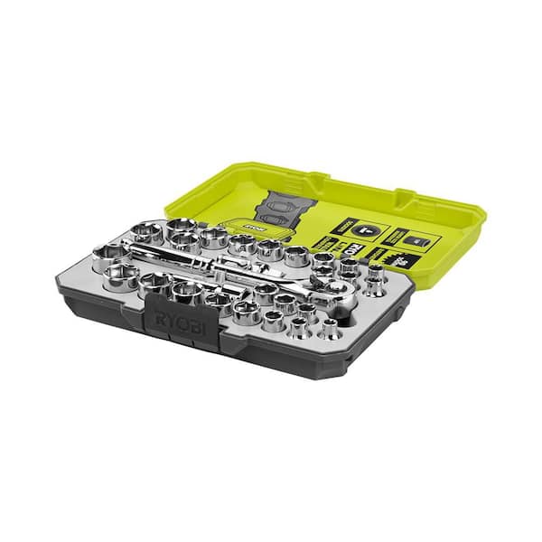 ONE+ 18V Cordless 3/8 in. 4-Position Ratchet (Tool Only) & 3/8 in. Drive Mechanics Ratchet and Socket Set (28-Piece)