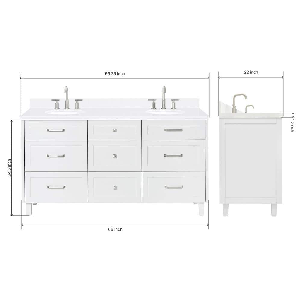 Monroe 66" White Wood Double Sink Vanity with Quartz Top