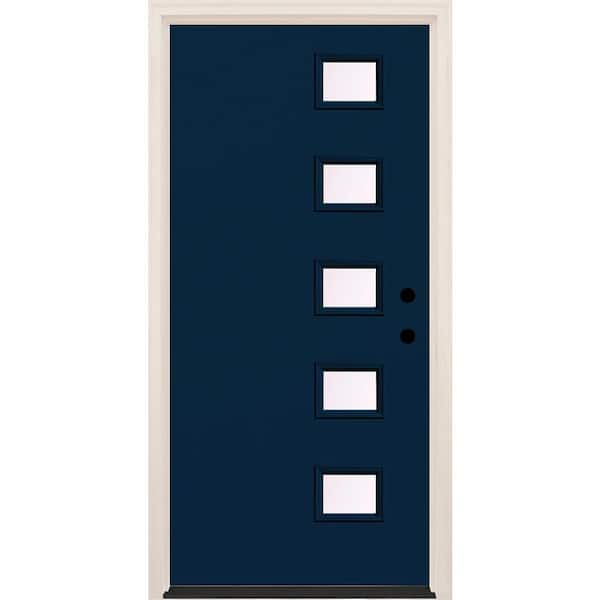 36 in. x 80 in. Left-Hand/Inswing 5-Lite Clear Glass Indigo Painted Fiberglass Prehung Front Door w/4-9/16 in. Frame