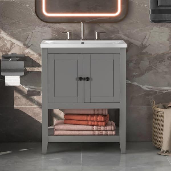 Unbranded 24 in. W x 17.8 in. D . x 33.6 in . H Freestanding Bathroom Vanity in Gray with Open Shelf and Elegant Ceramic Sink Top