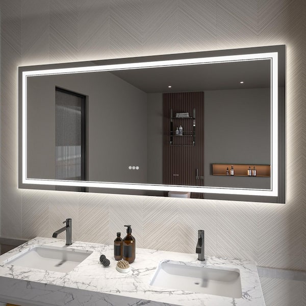 72 in. W x 36 in. H Rectangular Frameless Fog Free Dimmable Silver Wall Mount LED Lighted Bathroom Vanity Mirror