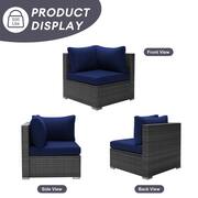 Eden Gray 10-Seat 11-Piece Wicker Patio Fire Pit Deep Seating Sofa Set with Navy Blue Cushions and 43 in. Firepit Table