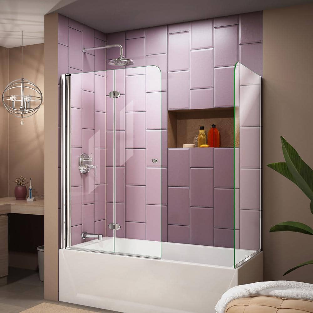 Aqua Fold Frameless Clear Glass Chrome Hinged Tub Door