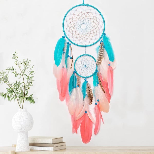 30.7 in. x 7.9 in. Handmade Dream Catcher with Pink and Blue