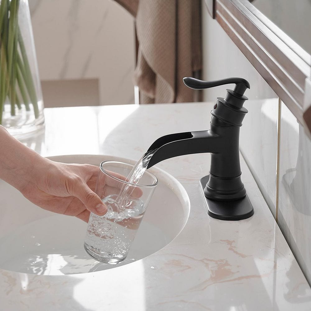 Matte Black Single-Handle Waterfall Bathroom Faucet with Deck Plate