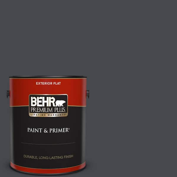 BEHR PREMIUM PLUS 1 gal. #N490-7 Ink Black Flat Exterior Paint & Primer ...