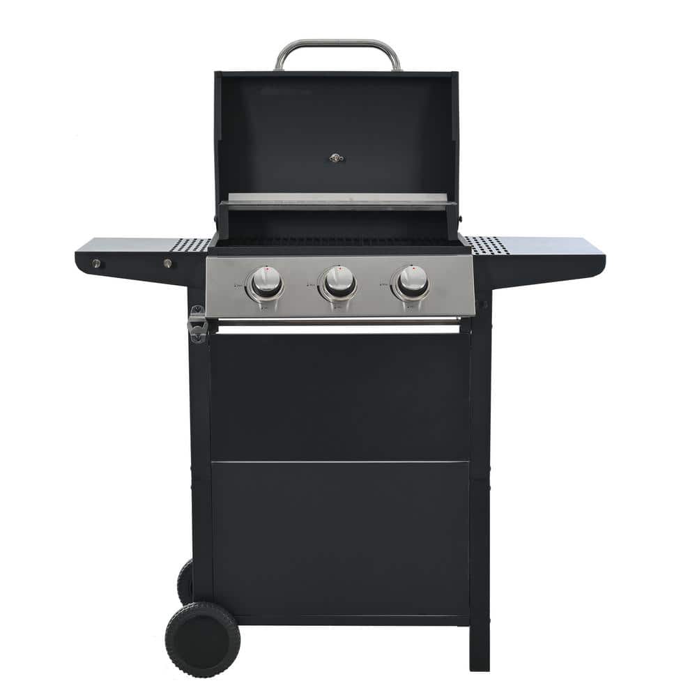 3-Burner Propane Grill in Black with Integrated Piezoelectric Ignition System, Stainless Steel Thermometer