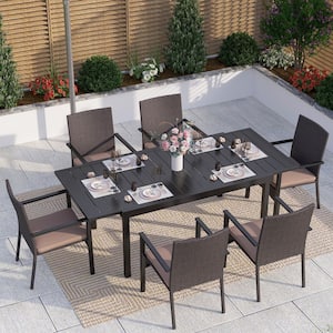 Black 7-Piece Metal Patio Outdoor Dining Set with Expandable Table and Rattan Chairs with Beige Cushion