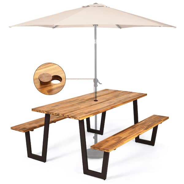 Costway Natural Rectangle Wood Picnic Table Table Set with 2 Bench Seats Umbrella Hole HW63853+ - The Home Depot