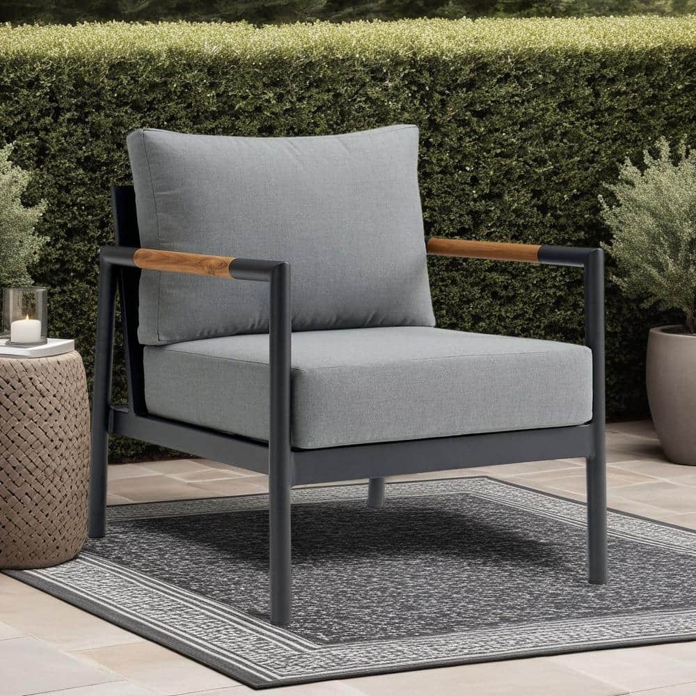 Crown Black Aluminum and Teak Wood Outdoor Lounge Chair with Dark Gray Cushion price history on PriceWatchPro
