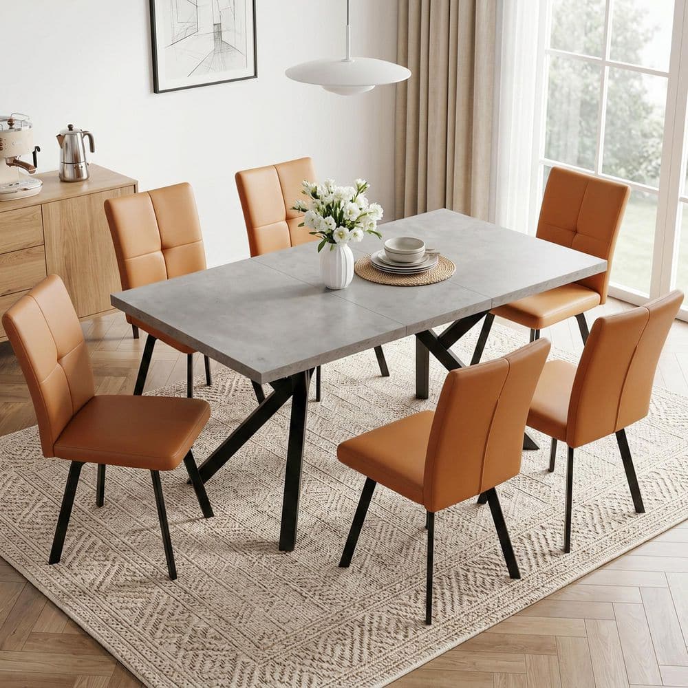 7-Pieces Modern Gray MDF Top Extendable Dining Table Set Seating 6 People with 6 Leather Brown Chairs price history on PriceWatchPro
