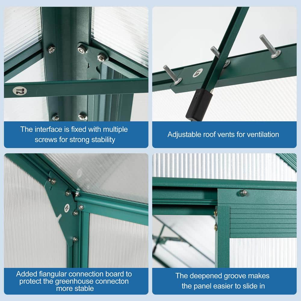 6x12ft Green Polycarbonate Greenhouse with Aluminum Frame and Sliding Door