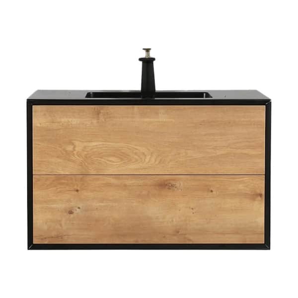 Vienna 35.25 in. W x 20.5 in. D Single Sink Floating White Oak Bath Vanity with Black Acrylic Top (Assembled)