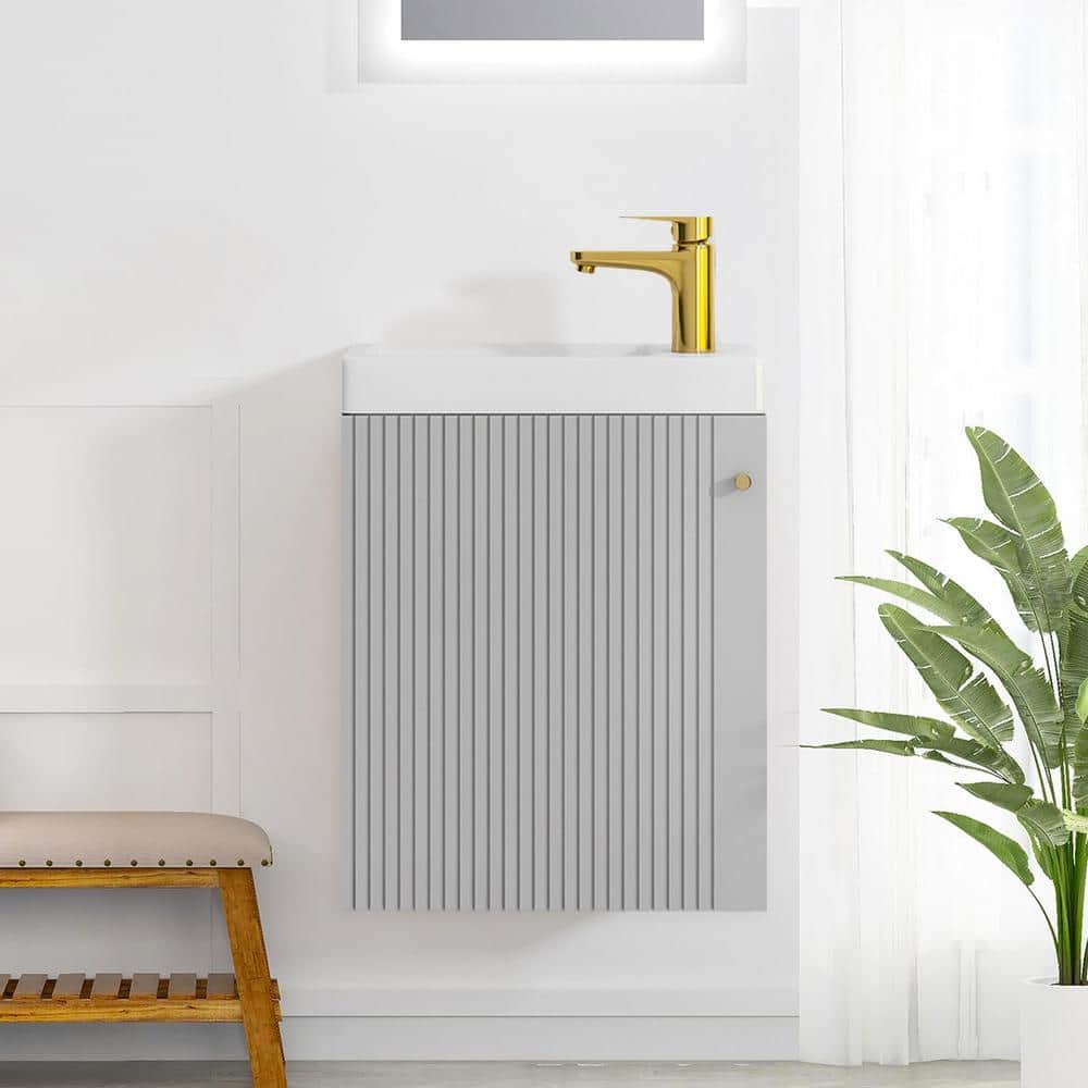 16 in. W. x 9 in. D x 21 in. H Floating Bath Vanity in Gray with White Cera