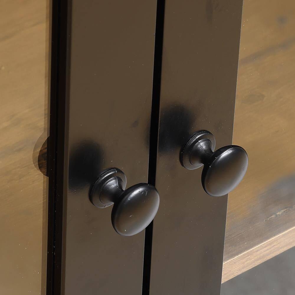 Natural Wood and Black Glass Door Curio Cabinet