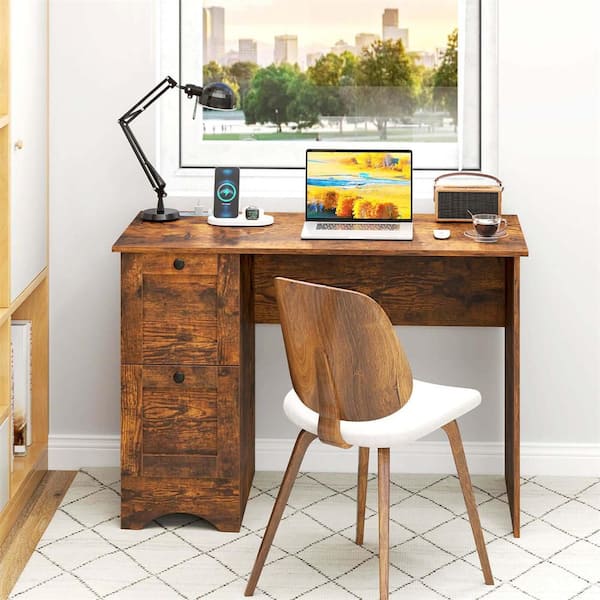 43 in. Rectangular Brown Particle Board 2-Drawer Home Office Desk Compact Study Writing Desk with Charging Station