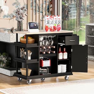 Black Wood 40 in. Kitchen Island Side Storage Shelves Adjustable Storage Shelves 5-Wheels Kitchen Storage with Wine Rack