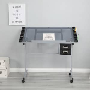 40.00 in. Rectangular Silver Metal Adjustable Tempered Glass Standing Drawing Desk with 2 Slide Drawers and 4 Wheels