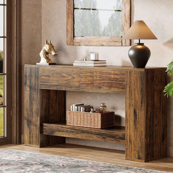 BYBLIGHT Turrella 55.1 in. Rustic Brown Rectangle Wood Console Table with Hidden Drawers for Entryway, Living Room
