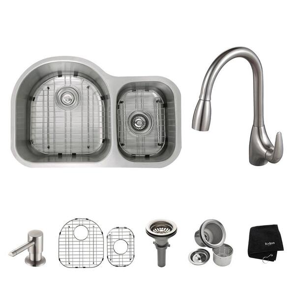 KRAUS All-in-One Undermount Stainless Steel 29 in. Double Bowl Kitchen Sink with Faucet and Accessories in Stainless Steel