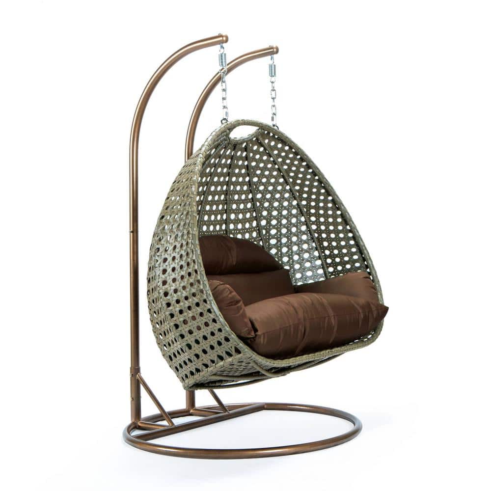 Brown Wicker 2-Person Hanging Egg Chair with Cushions