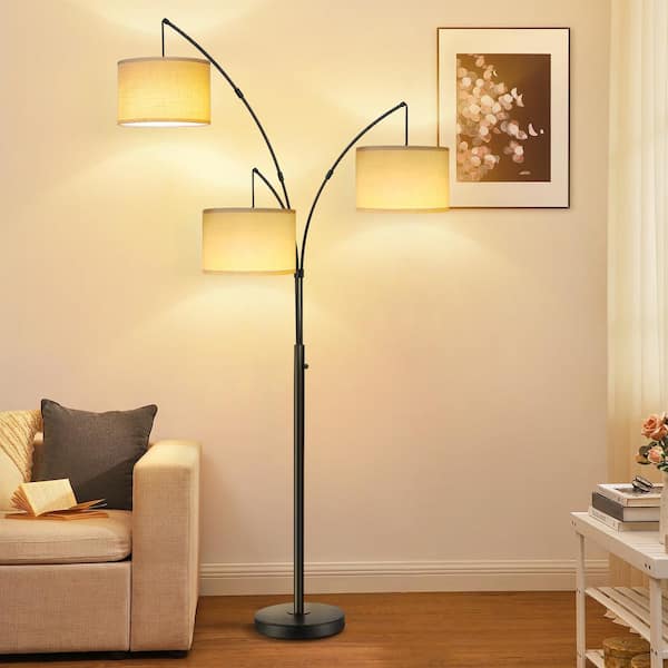 80 in. Mid-Century Modern 3-Light Adjustable LED Black Arc Floor Lamp with 3 Beige LinenDrum Shades