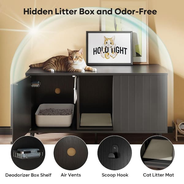 Black Grained TV Stand Fits TVs up to 50 to 55 in. Large Cat Litter Box Enclosure with Litter Mat and Dog-Proof Design