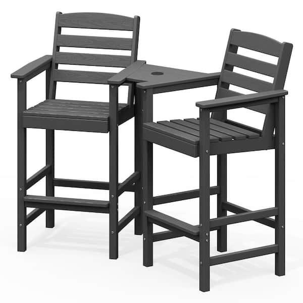 Gray Modern HDPE Plastic Adirondack Chairs, Outdoor Bar Stools with Connecting Tray (Set of 2)