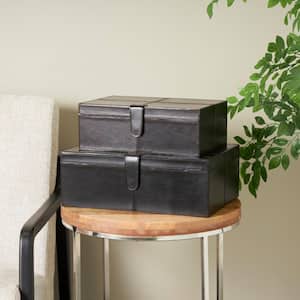 Rectangle Leather Storage Box with Snap Front Closure and Detailed Stitching (Set of 2)