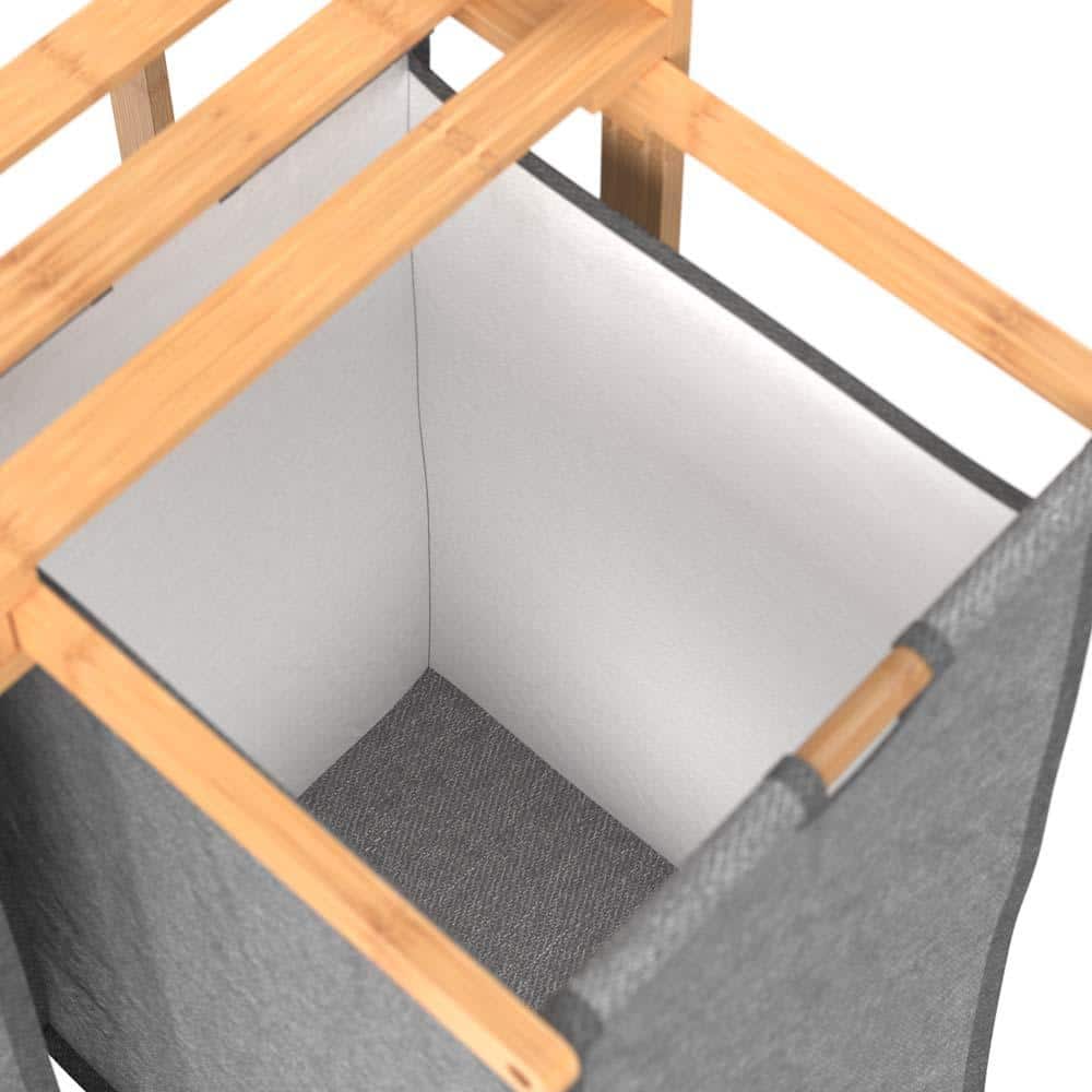 Natural Bamboo Dual Compartment Laundry Sorter with Gray Bags