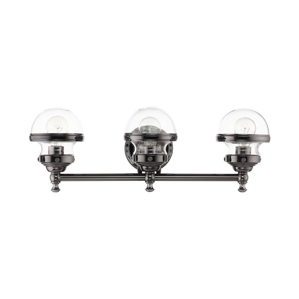 Polished Black Chrome 3-Light Vanity with Hand Blown Clear Glass