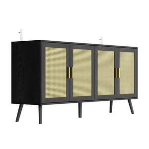 Black & Yellow 30.7 in. Height Storage Cabinet, Sideboard, Entertainment Center with 4 Shelves & Rattan Weaving Doors