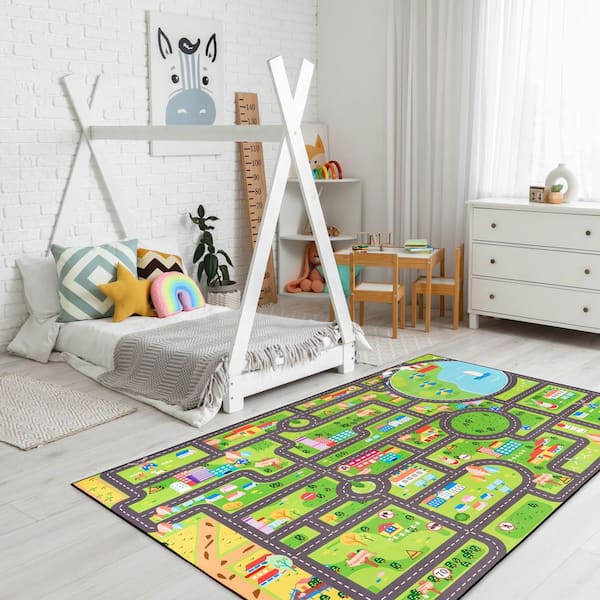 City Streets Car Road Map Interactive Carpet Rug Floor Playmat, Washable (Extra Large), Green 6 ft. Indoor Area Rug