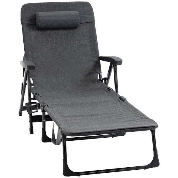 Outsunny Folding Chaise Metal Outdoor Lounge Chair with Adjustable Backrest, Pillow and Cup Holder or Poolside