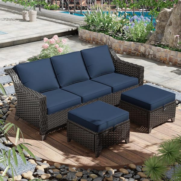 JOYSIDE Wicker Outdoor Patio Sofa Sectional Set with Blue Cushions and Ottoman