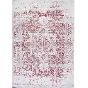 Himalayas Burgundy Creme 4 ft. x 6 ft. Machine Washable Modern Floral Abstract Polyester Non-Slip Backing Area Rug