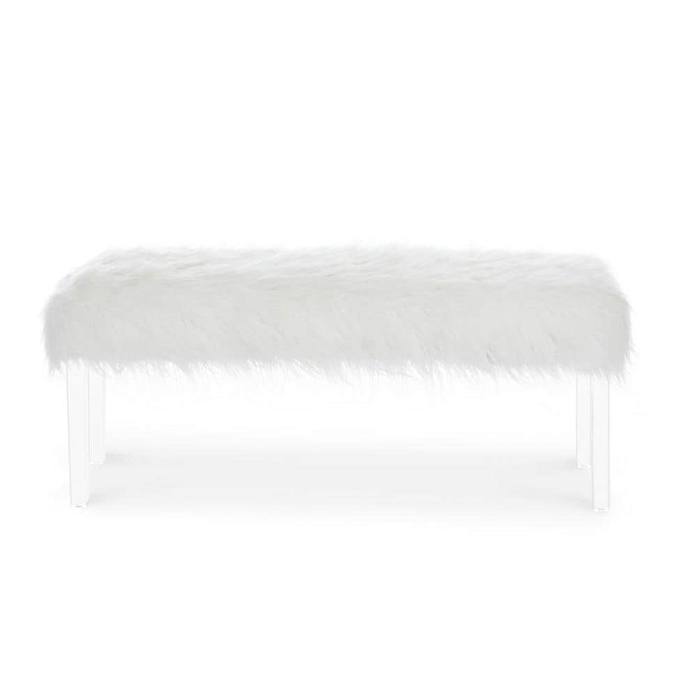 Marilyn White Faux Fur Upholstered Bench with Acrylic Legs