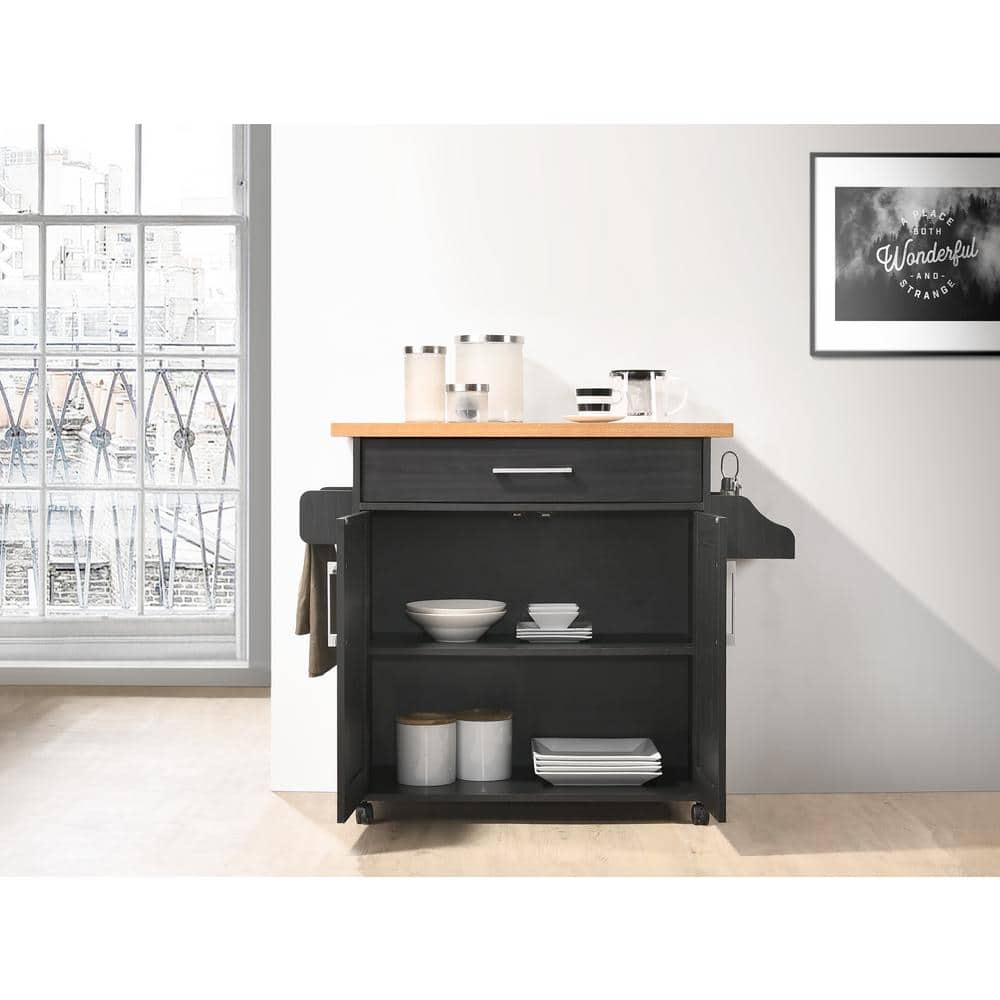 Elegant Black Beech Wood Kitchen Island with Spice Rack and Towel Holder