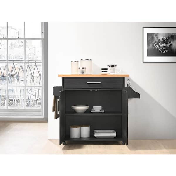 Black-Beech Kitchen Island with Spice Rack and Towel Holder