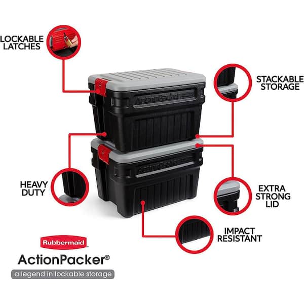 Rubbermaid 48 Gallon Black Action Packer Lockable Latch Storage Box Tote,  Single