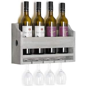 Rustic Wood Wall Mounted Wine Rack Wall Shelf Kitchen Decor Holds 4-Wine Bottles with 4-Glasses Holder